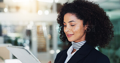 Buy stock photo Happy, business and woman with tablet in office for research, contact source and confirm schedule. Journalist, reading and digital for editor feedback, fact check and online questions for publication
