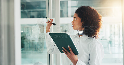 Buy stock photo Glass wall, writing and businesswoman with tablet for schedule, planning or financial agenda. Technology, consultant and brainstorming ideas, mind map and solution for investment strategy in office