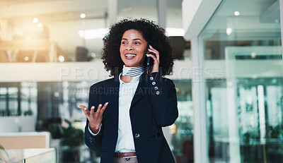 Buy stock photo Talking, business and woman in office with phone, professional and conversation in lobby. Smile, networking and consultant in company with technology, discussion and communication with confidence.
