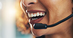 Call center, mic and smile with mouth of woman in office for virtual assistance, crm and help desk. Communication, contact us and hotline agent or person in agency for lead generation and space