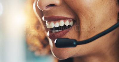Buy stock photo Call center, mic and smile with mouth of woman in office for virtual assistance, crm and help desk. Communication, contact us and hotline agent or person in agency for lead generation and laugh