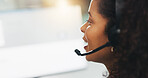 Profile, call center agent and woman with help desk, customer service or language translation. Inbound, contact us and happy African consultant with headset for multilingual support, talking or space