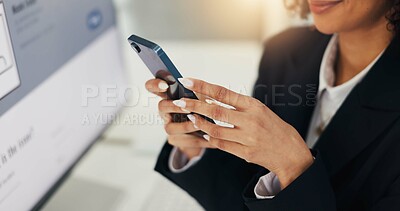 Buy stock photo Hands, phone and business woman in office to check text, email or compliance review. Mobile, consultant and app for communication online, message or research for policy development in workplace