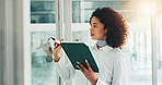 Glass wall, writing and businesswoman with tablet for planning, schedule or financial agenda. Technology, consultant and brainstorming ideas, mind map and solution for investment strategy in office