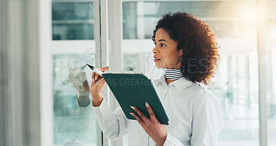 Buy stock photo Glass wall, writing and businesswoman with tablet for planning, schedule or financial agenda. Technology, consultant and brainstorming ideas, mind map and solution for investment strategy in office