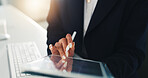Tablet, hands and woman in workplace, stylus and email for economy feedback, digital app and stats. Person, investor or employee in office, fintech and internet for data analysis or report for profit