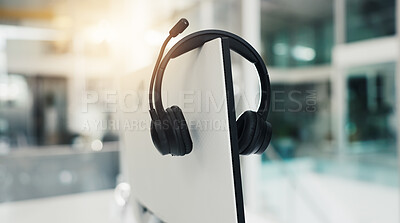 Buy stock photo Call center, computer and mic with headset in empty office for virtual assistance, crm and help desk. Communication, contact us and hotline support with headphones for lead generation and flare