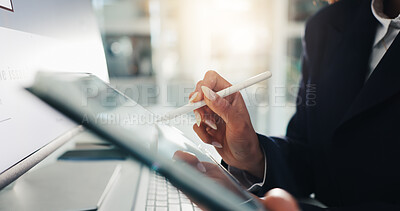 Buy stock photo Business, hands and woman with tablet, stylus and email for economy feedback, app and trading update. Person, investor and employee in office, fintech and investment deal with connection and internet