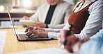 Laptop, team and meeting with hands of business people in office for planning, finance report and invoice review. Budget proposal, audit research and collaboration with employees and documents