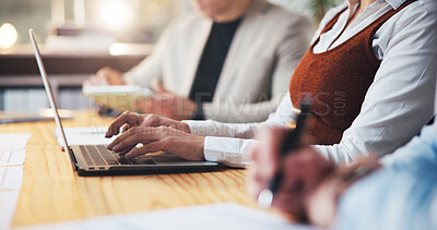 Buy stock photo Laptop, team and meeting with hands of business people in office for planning, finance report and invoice review. Budget proposal, audit research and collaboration with employees and documents