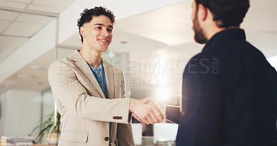 Buy stock photo Businessmen, meeting and handshake with partnership for introduction, greeting or welcome in office. Male people, employees or colleagues shaking hands with smile for b2b or agreement in workplace