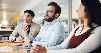 Buy stock photo Discussion, team and meeting with business people in office for budget review, planning and account report. Proposal, collaboration and portfolio project with employees in agency for funding pitch