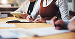Hands, documents and meeting with business people in office for budget review, planning and account report. Proposal, collaboration and portfolio project with employees in agency for funding pitch