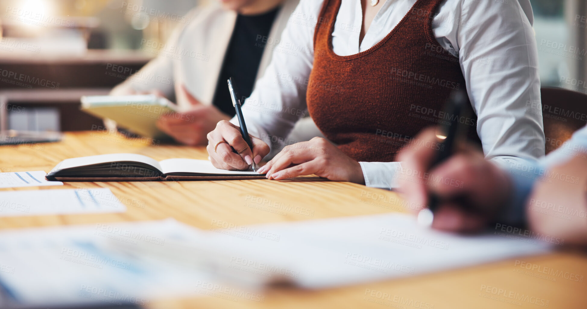 Buy stock photo Hands, documents and meeting with business people in office for budget review, planning and account report. Proposal, collaboration and portfolio project with employees in agency for funding pitch