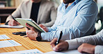 Tablet, team and meeting with hands of business people in office for planning, finance report and invoice review. Budget proposal, audit research and collaboration with employees and documents