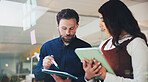 Business people, brainstorming or schedule planning with tablet for project strategy in office. Businessman, woman or colleagues with team, technology or app for tasks, ideas or agenda in workplace