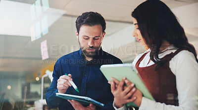 Buy stock photo Business people, brainstorming or schedule planning with tablet for project strategy in office. Businessman, woman or colleagues with team, technology or app for tasks, ideas or agenda in workplace