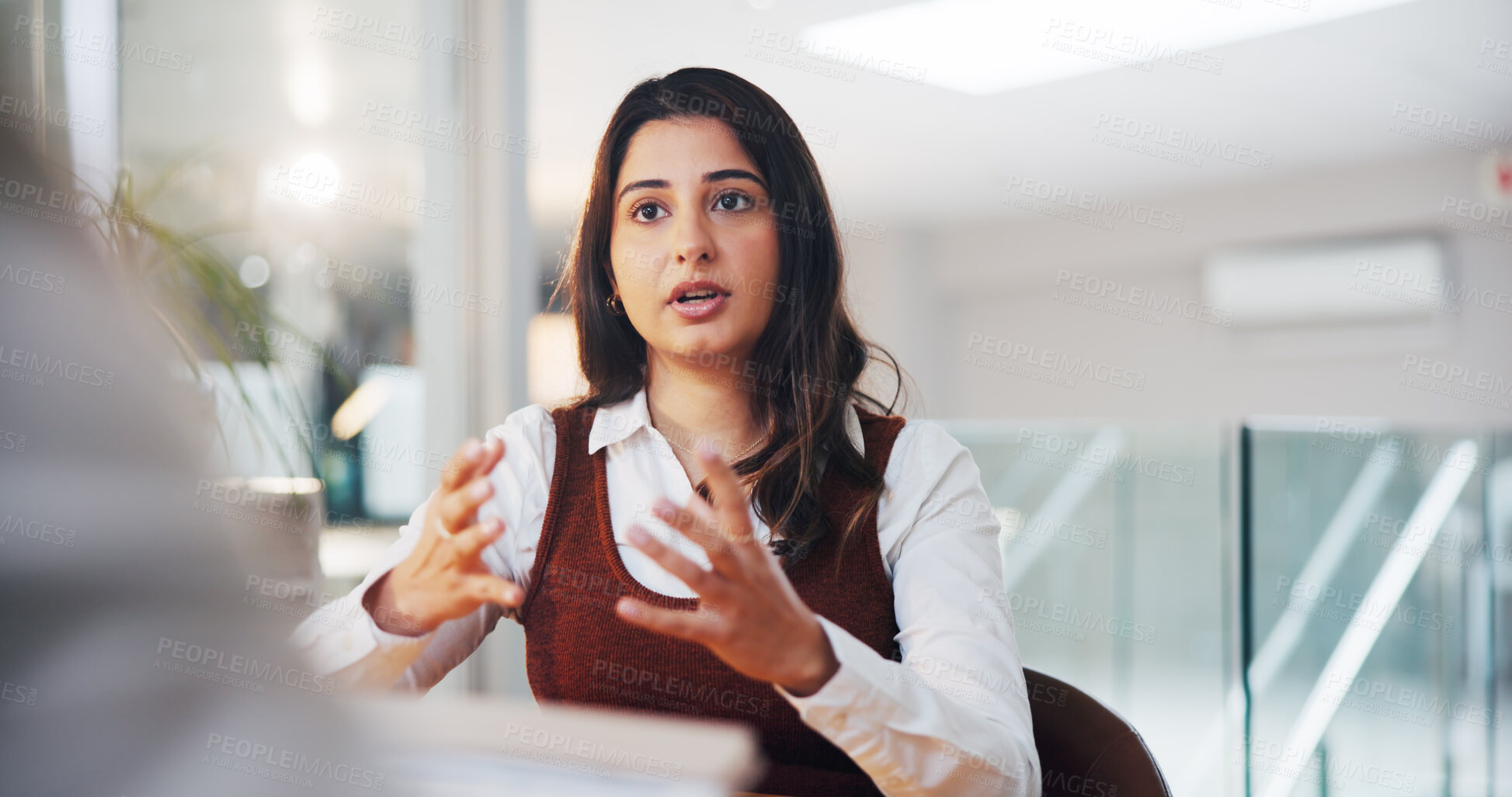 Buy stock photo Meeting, business and woman explain in office for planning, intern training and article feedback. Person, talking and procedure for copywriting, coaching tips and headline ideas for story publication