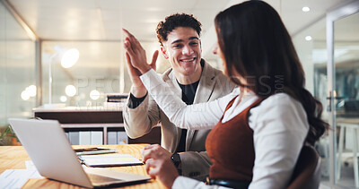 Buy stock photo Laptop, team and high five with business people in office for account growth, winner and profit, Achievement, investment bonus and collaboration with employees in agency for partnership and promotion