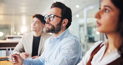 Buy stock photo Listening, team and meeting with business people in office for budget review, planning and account report. Proposal, collaboration and portfolio project with employees in agency for funding pitch