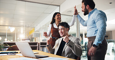 Buy stock photo Laptop, high five and success with business people in office for account growth, winner and profit, Achievement, investment bonus and collaboration with employees team for partnership and promotion