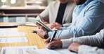 Tablet, planning and meeting with hands of business people in office for team, finance report and invoice review. Budget proposal, audit research and collaboration with employees and documents