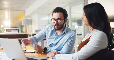 Buy stock photo Team, business people and discussion on laptop in office, planning or insurance policy at night. Computer, meeting or broker talk for project, development or proposal for premium coverage on overtime