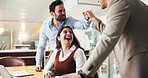Laptop, team and fist bump with business people in office for account growth, winner and profit. Achievement, investment bonus and collaboration with employees in agency for partnership and promotion