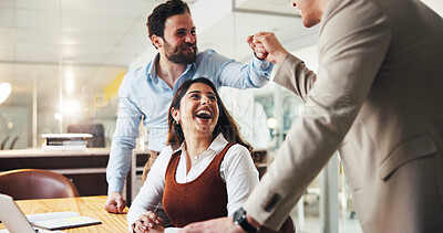 Buy stock photo Laptop, team and fist bump with business people in office for account growth, winner and profit. Achievement, investment bonus and collaboration with employees in agency for partnership and promotion