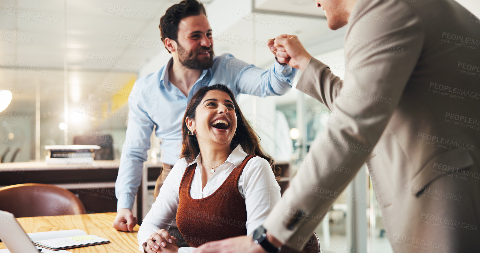 Buy stock photo Laptop, team and fist bump with business people in office for account growth, winner and profit. Achievement, investment bonus and collaboration with employees in agency for partnership and promotion