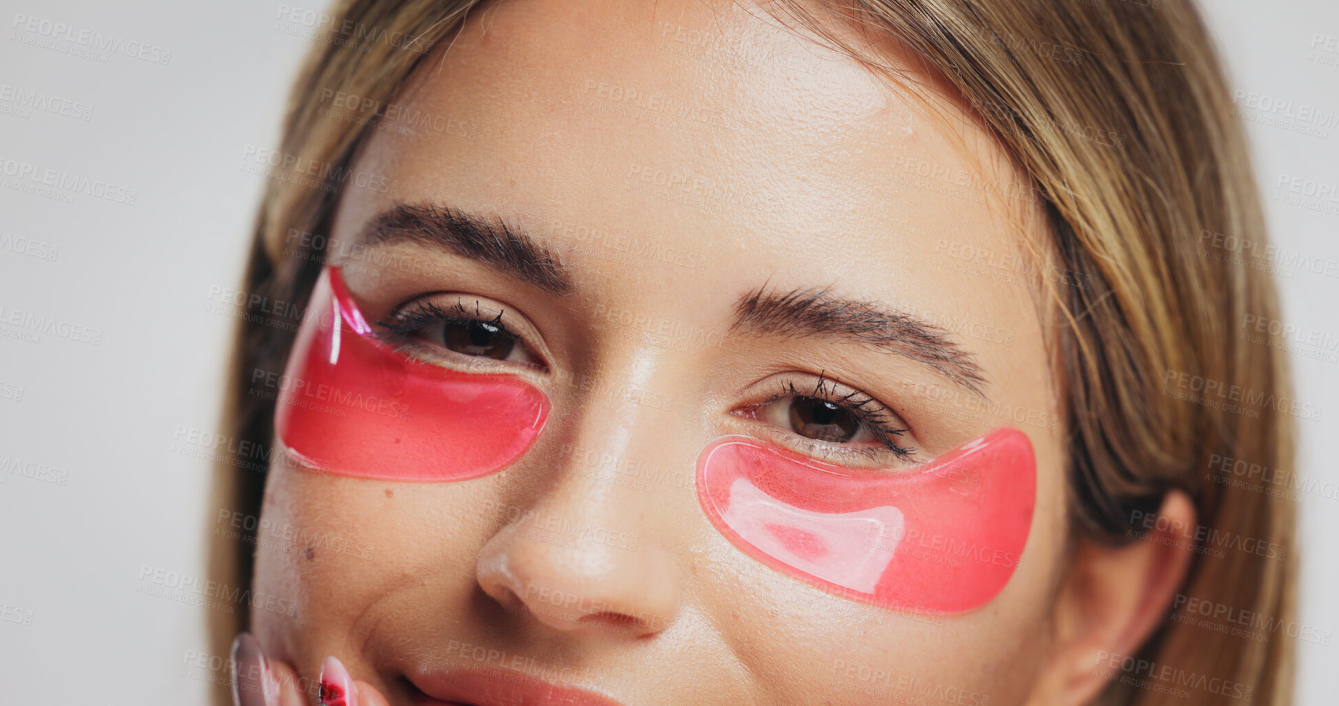 Buy stock photo Eyes, mask and portrait of woman in studio for detox, wellness and beauty on white background. Dermatology, mockup space and face of person with patches for anti aging, collagen benefits and facial