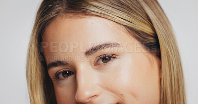 Buy stock photo Portrait, woman and beauty for skincare in studio with glow, laminated eyebrows and eyelash extension. Person, cosmetics or natural facial of dermatology shine, treatment results and white background