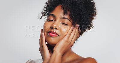 Buy stock photo Beauty, calm and woman with lipstick, studio or color for self expression, moisturizer or cosmetics. White background, relax and skincare with dermatology for black person, makeup and glow of face