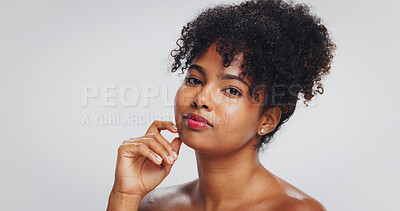 Buy stock photo Skincare, touch and portrait of black woman in studio for dermatology, wellness and skin glow. Mockup, space and face of person with natural hair for cosmetics, grooming or beauty on white background