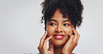Beauty, makeup and woman with lipstick, studio and color for self expression, glow and mockup space. White background, moisturizer and skincare with cosmetics for black person, dermatology and shine