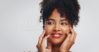 Buy stock photo Beauty, makeup and woman with lipstick, studio or color for self care, thinking or white background. Mockup space, reflection and skincare with cosmetics for black person, healthy skin or dermatology