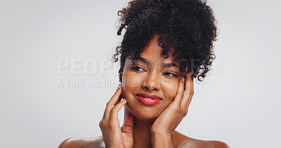 Buy stock photo Makeup, glow and woman with lipstick, studio and color for self expression, beauty and mockup space. White background, moisturizer and skincare with cosmetics for black person, dermatology and shine