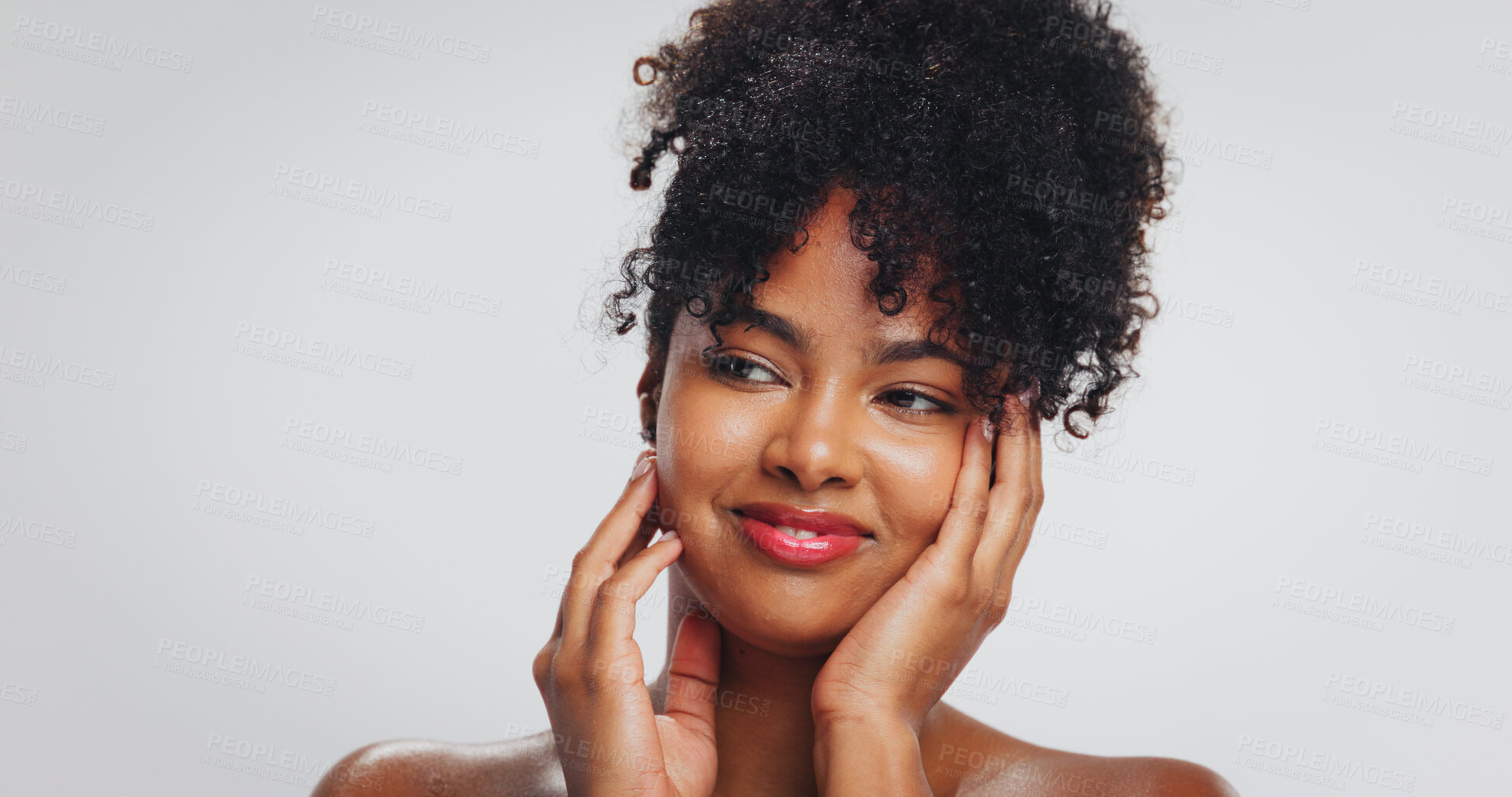 Buy stock photo Makeup, glow and woman with lipstick, studio and color for self expression, beauty and mockup space. White background, moisturizer and skincare with cosmetics for black person, dermatology and shine