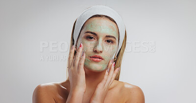 Buy stock photo Clay mask, studio and portrait of woman for skincare, wellness and detox on white background. Dermatology, mockup space and person with organic facial for anti aging, natural cosmetics and beauty