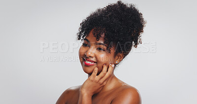 Buy stock photo Beauty, woman and thinking with skincare in studio for dermatology, healthy glow and self care. Mockup space, african person and reflection on white background for cosmetics and treatment results