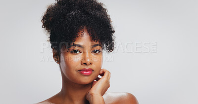 Buy stock photo Portrait, makeup and woman with lipstick, studio or color for beauty, self care or white background. Mockup space, confident and skincare with cosmetics, dermatology and black person with smooth skin