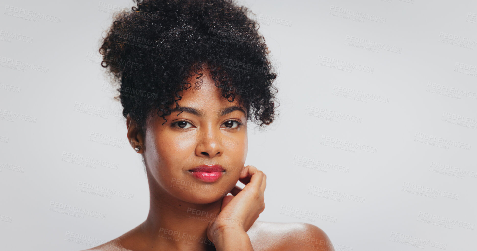 Buy stock photo Portrait, makeup and woman with lipstick, studio or color for beauty, self care or white background. Mockup space, confident and skincare with cosmetics, dermatology and black person with smooth skin