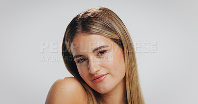 Buy stock photo Portrait, woman and glow with skincare in studio for beauty, clear skin and natural shine. Female person, mockup space and facial cosmetics for dermatology, treatment results and white background