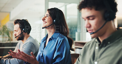 Buy stock photo Business, call center and woman in office, excited and success with kpi target, smile and contact us. People, consulting and employee in workplace, surprise and achievement  with help desk and crm