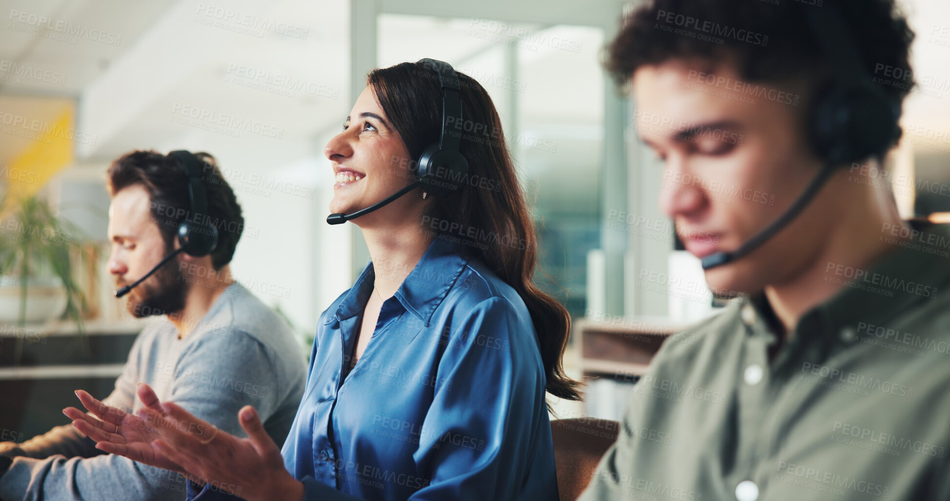 Buy stock photo Business, call center and woman in office, excited and success with kpi target, smile and contact us. People, consulting and employee in workplace, surprise and achievement  with help desk and crm