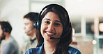 Call center, mic and portrait of business woman in office for customer support, help desk or crm agent. Contact us, virtual consultant and lead generation with person in agency for bokeh and smile