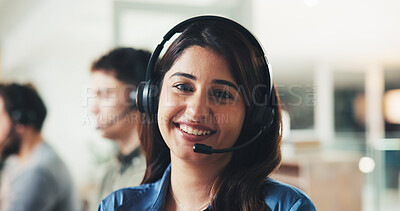 Buy stock photo Call center, mic and portrait of business woman in office for customer support, help desk or crm agent. Contact us, virtual consultant and lead generation with person in agency for bokeh and smile