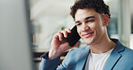 Phone call, smile and businessman in office with contact, connectivity or negotiation for finance. Cellphone, happy and male financial advisor on mobile discussion for investment deal in workplace.