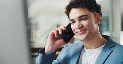 Buy stock photo Phone call, smile and businessman in office with contact, connectivity or negotiation for finance. Cellphone, happy and male financial advisor on mobile discussion for investment deal in workplace.