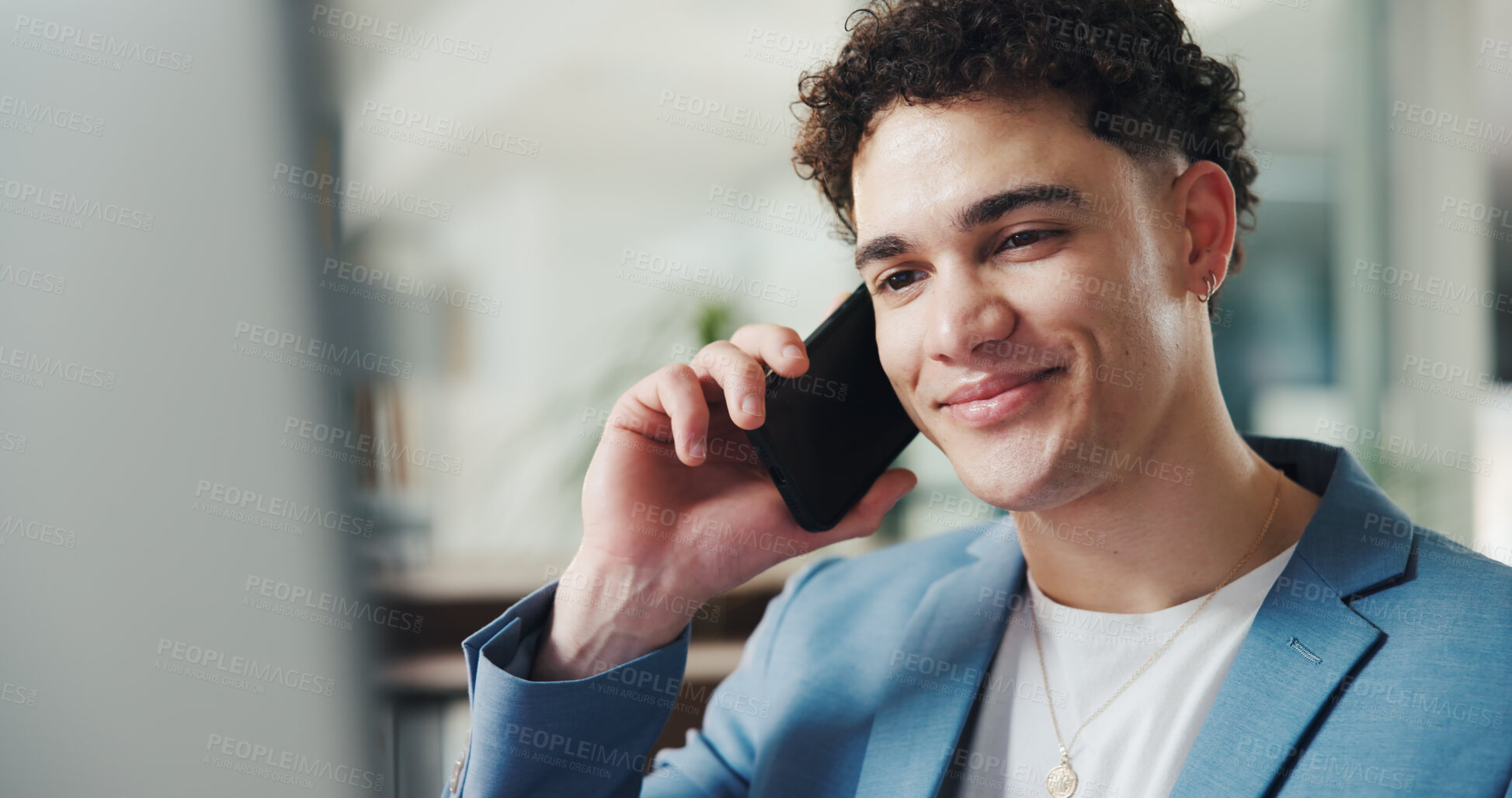 Buy stock photo Phone call, smile and businessman in office with contact, connectivity or negotiation for finance. Cellphone, happy and male financial advisor on mobile discussion for investment deal in workplace.
